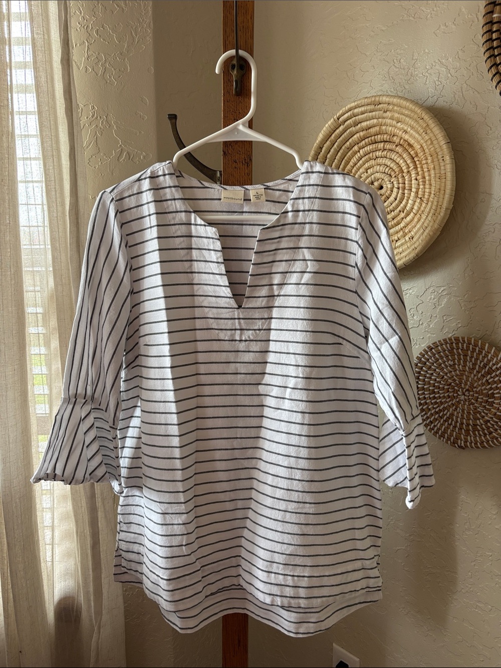 Westbound White and Black Striped V-Notch Ruffle Sleeve Tunic
